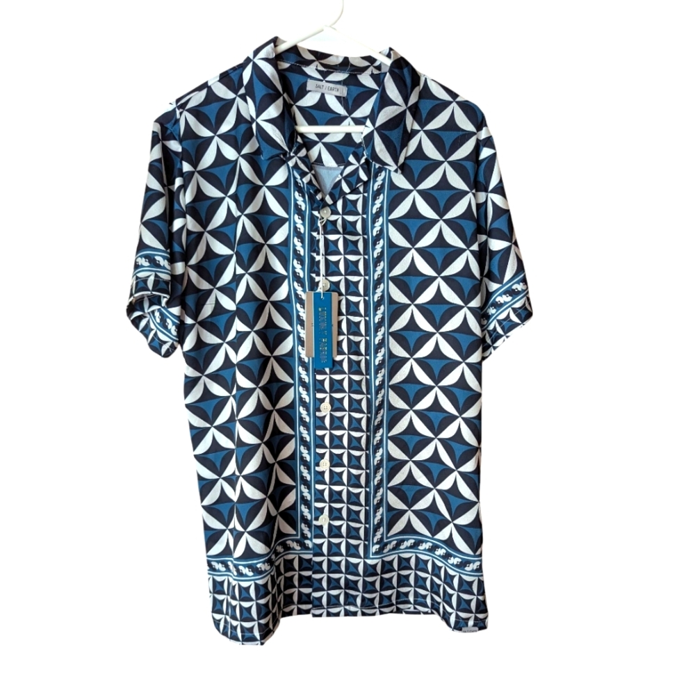 Salt Earth Geometric Blue and White Men's Shirt M